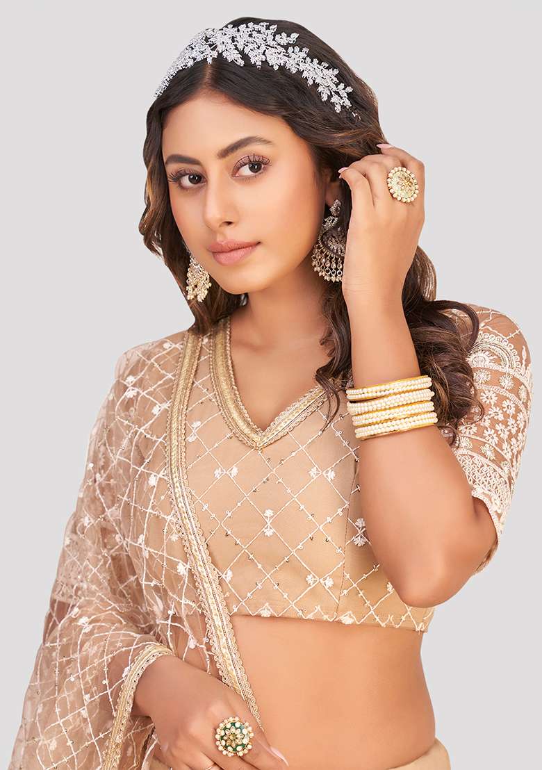 Beige Thread Embroidered Net Lehenga Set for Diwali and Festive Wear - Indya