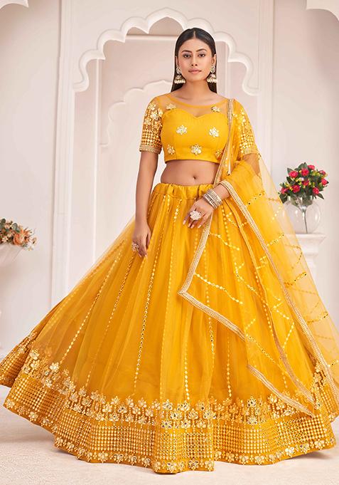 Yellow Thread Embroidered Net Lehenga Set