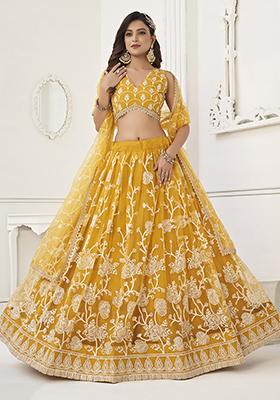 Yellow Sequin Thread Embroidered Net Lehenga Set