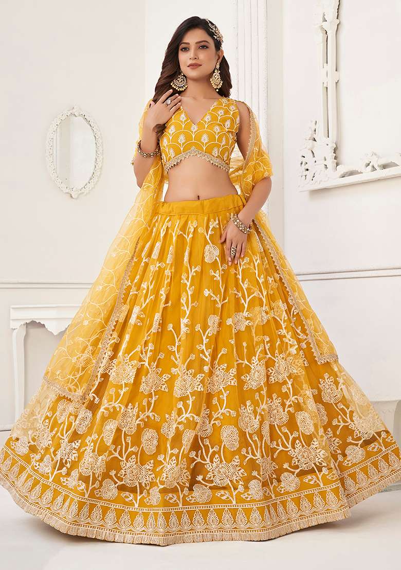 Yellow Thread Net Lehenga Set with Embroidered & Sequin for Diwali | Wedding & Festive Wear - Indya