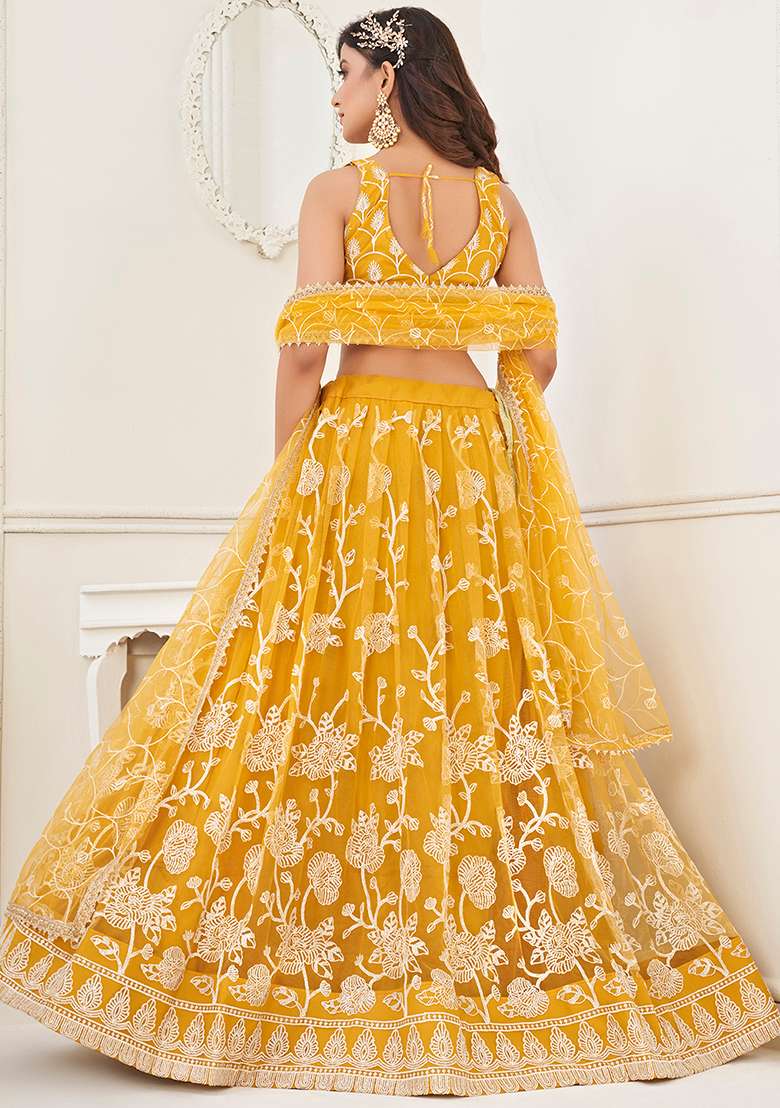 Yellow Thread Net Lehenga Set with Embroidered & Sequin for Diwali | Wedding & Festive Wear - Indya