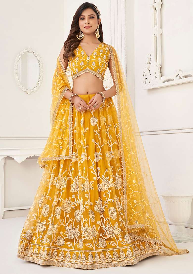 Yellow Thread Net Lehenga Set with Embroidered & Sequin for Diwali | Wedding & Festive Wear - Indya