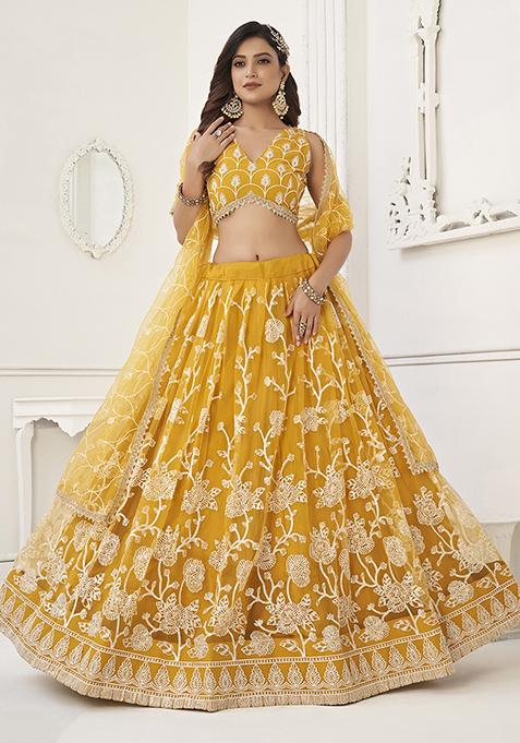 Yellow Sequin Thread Embroidered Net Lehenga Set