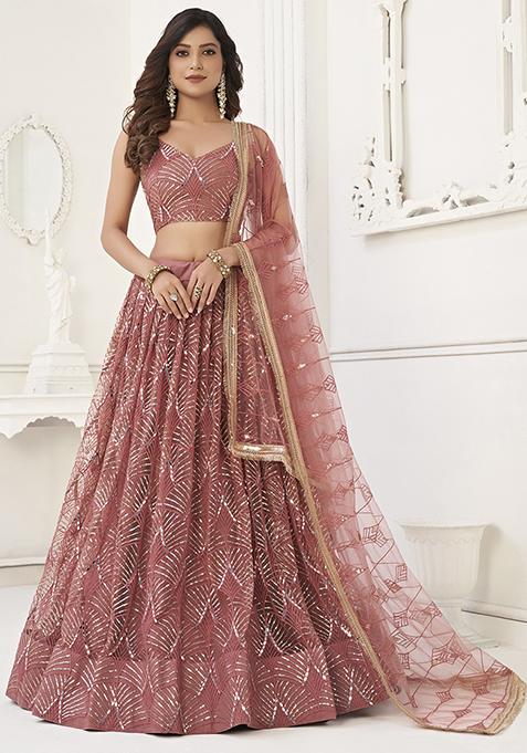 Dusty Pink Mirror Thread Sequin Embroidered Net Lehenga Set