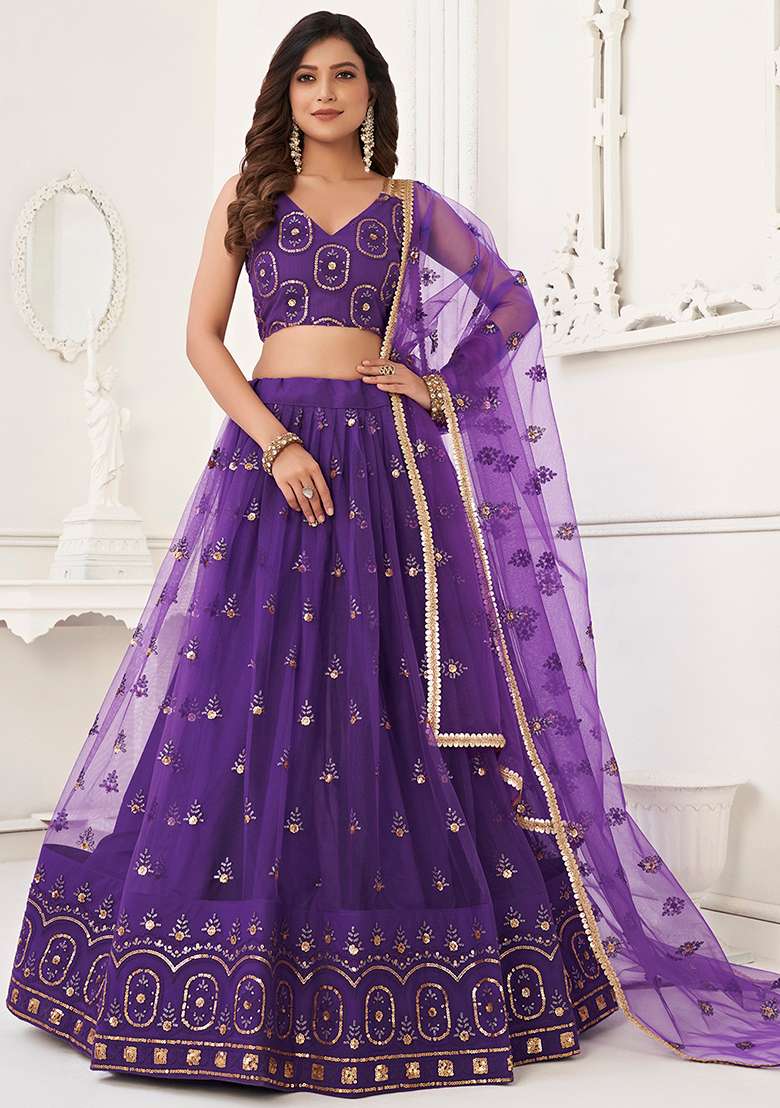 Purple Thread Net Lehenga Set with Embroidered & Sequin for Diwali | Wedding & Festive Wear - Indya