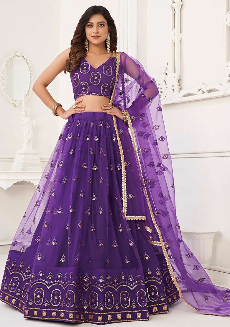 Purple Thread Net Lehenga Set with Embroidered & Sequin for Diwali | Wedding & Festive Wear - Indya