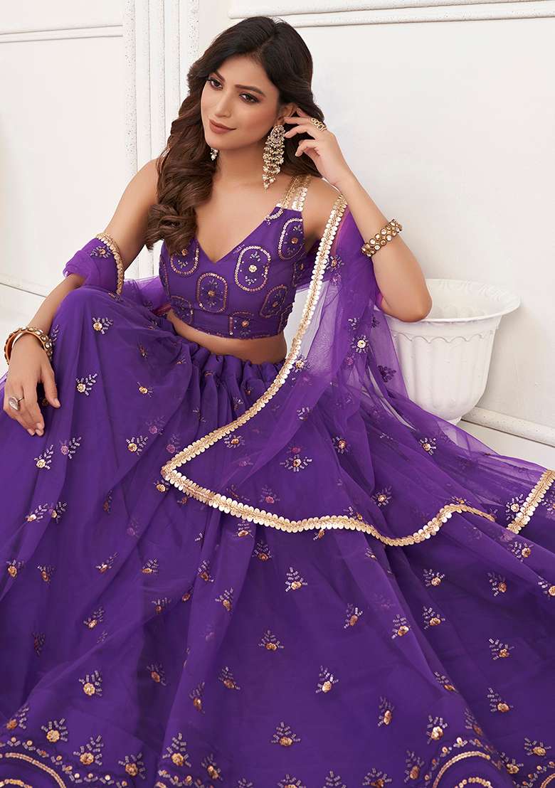 Purple Thread Net Lehenga Set with Embroidered & Sequin for Diwali | Wedding & Festive Wear - Indya