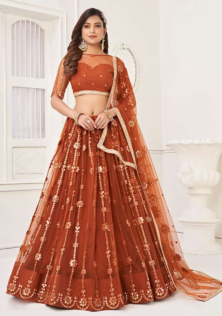 Brown Thread Zari Embroidered Net Lehenga Set for Diwali and Festive Wear - Indya