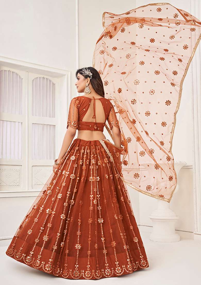 Brown Thread Zari Embroidered Net Lehenga Set for Diwali and Festive Wear - Indya