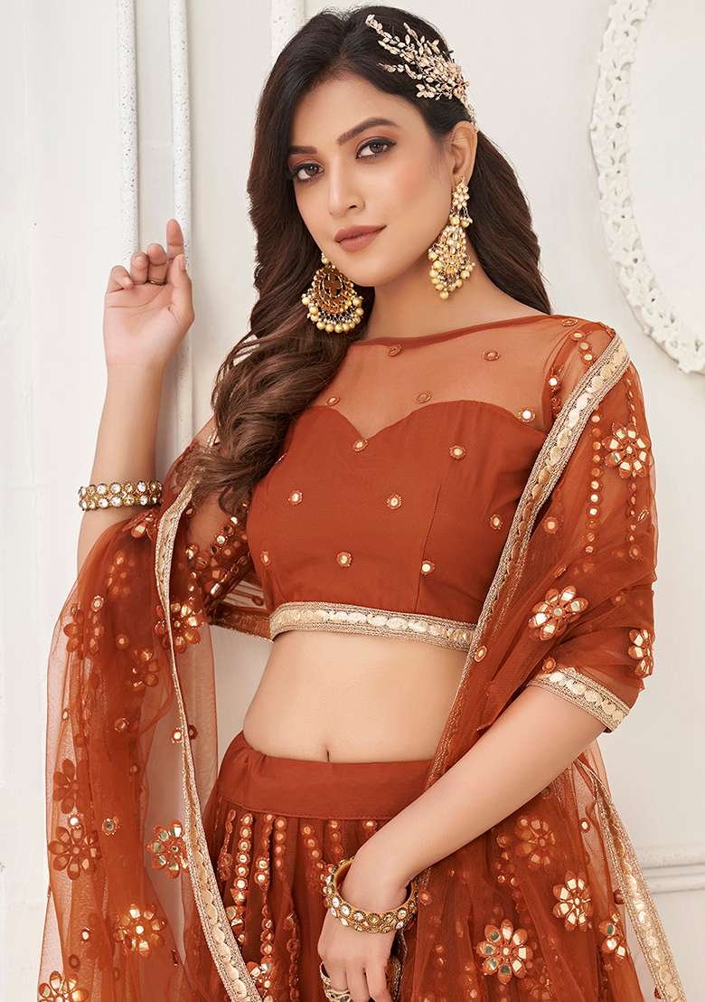 Brown Thread Zari Embroidered Net Lehenga Set for Diwali and Festive Wear - Indya