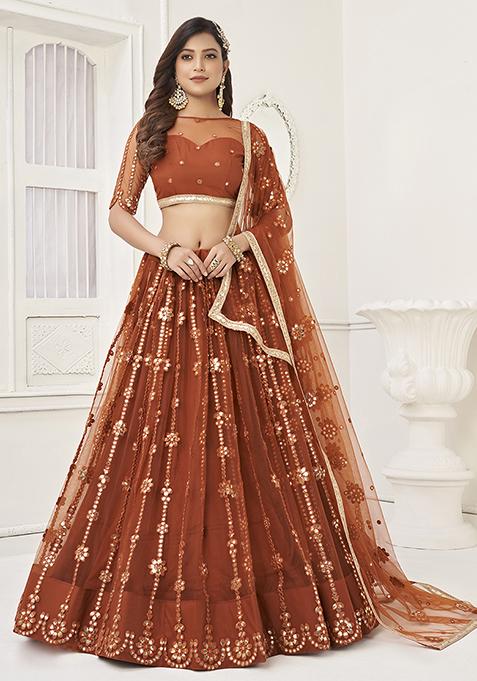 Brown Thread Zari Embroidered Net Lehenga Set