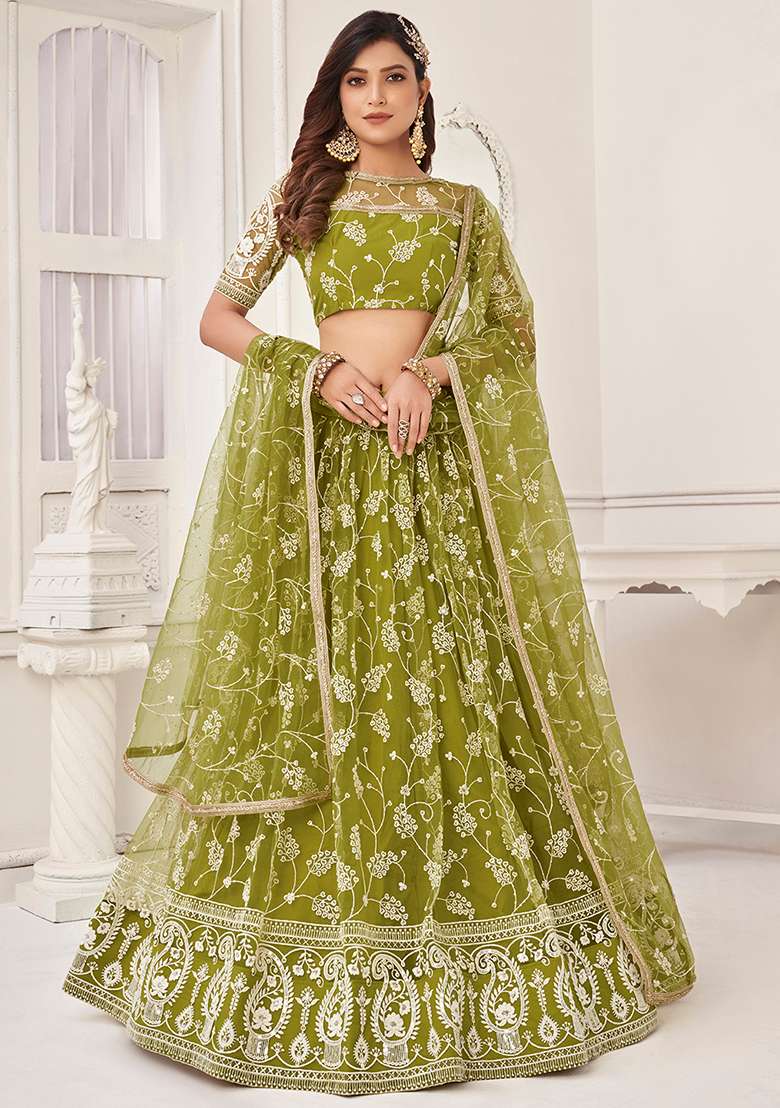 Olive Green Thread Sequin Embroidered Net Lehenga Set for Diwali and Festive Wear - Indya