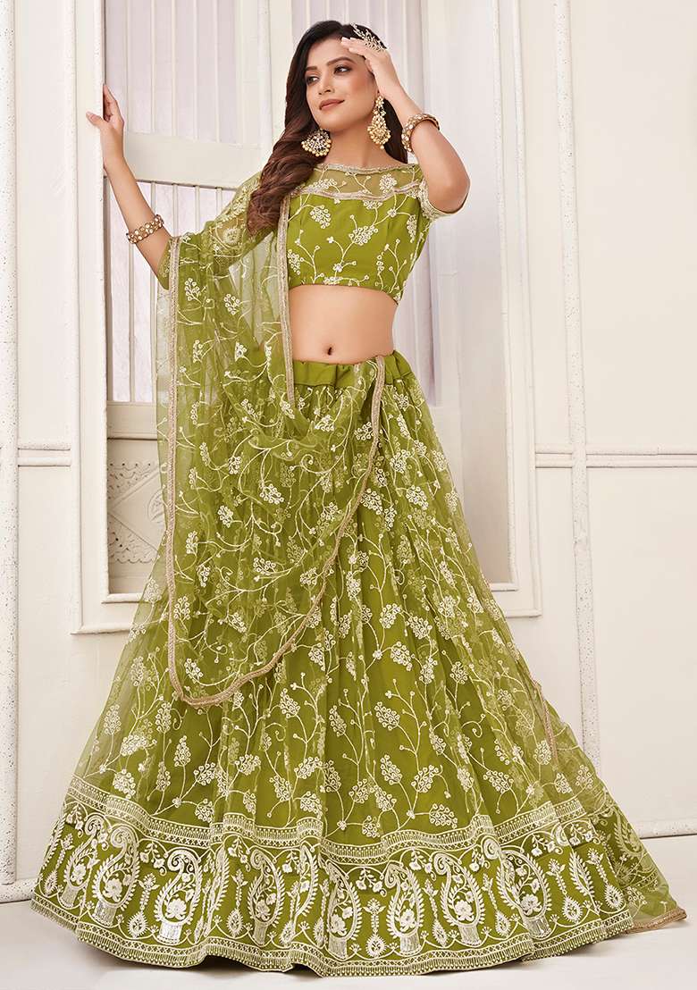 Olive Green Thread Sequin Embroidered Net Lehenga Set for Diwali and Festive Wear - Indya