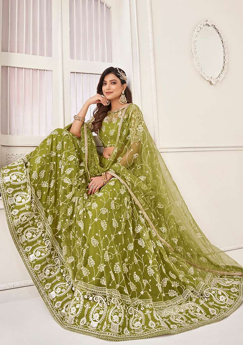 Olive Green Thread Sequin Embroidered Net Lehenga Set for Diwali and Festive Wear - Indya