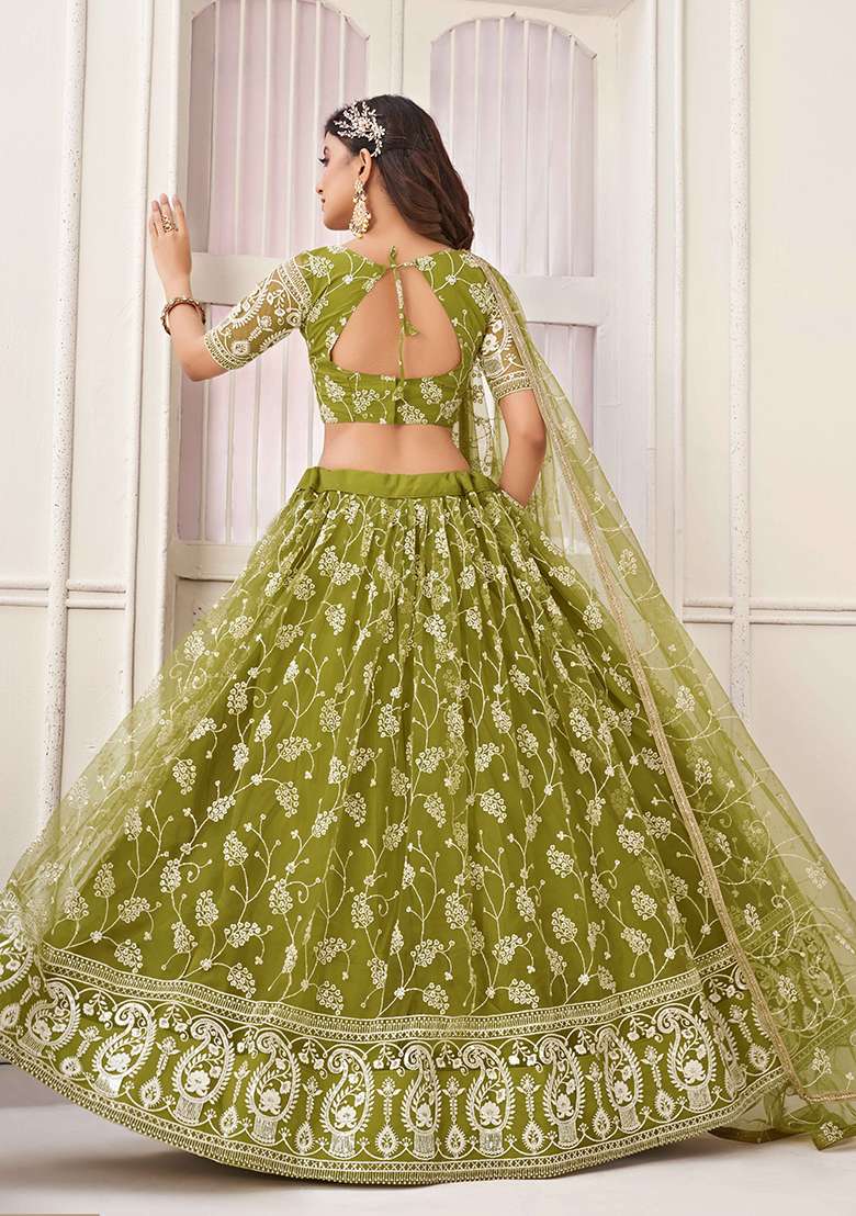 Olive Green Thread Sequin Embroidered Net Lehenga Set for Diwali and Festive Wear - Indya