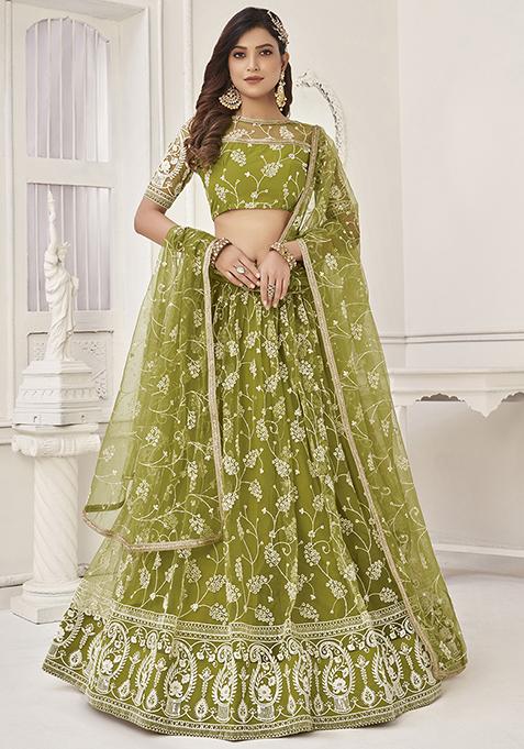 Olive Green Thread Sequin Embroidered Net Lehenga Set