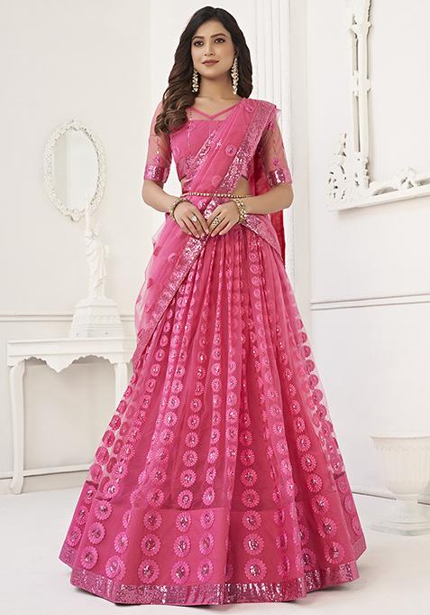 Pink Sequin Thread Embroidered Net Lehenga Set