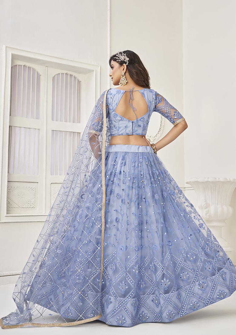 Blue Mirror Thread Sequin Embroidered Net Lehenga Set - Indya