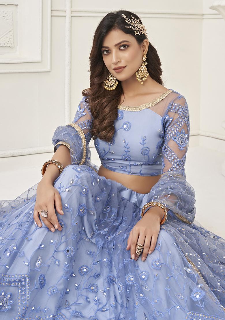 Blue Mirror Thread Sequin Embroidered Net Lehenga Set - Indya