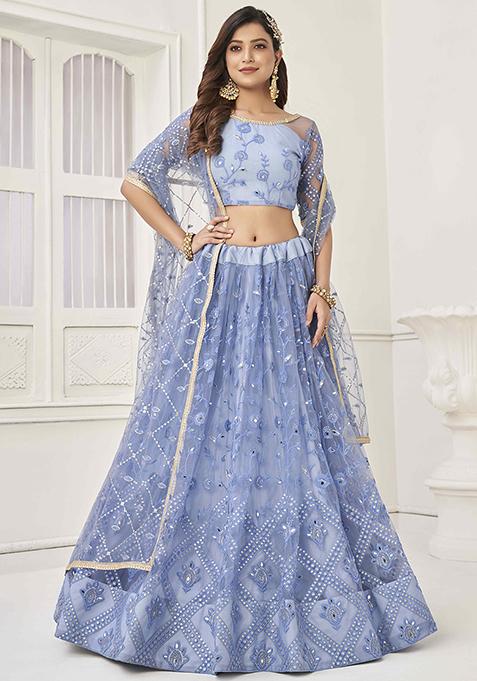 Blue Mirror Thread Sequin Embroidered Net Lehenga Set