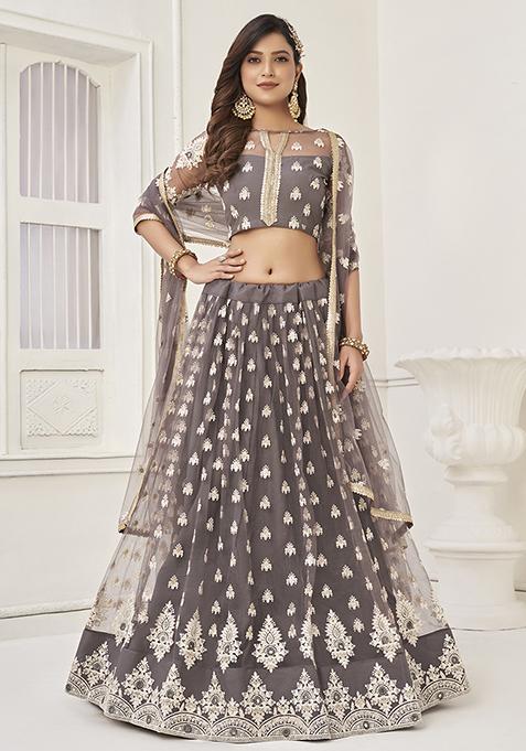 Grey Mirror Thread Sequin Embroidered Net Lehenga Set