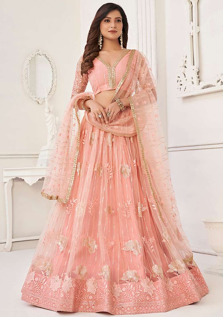 Peach Thread Net Lehenga Set with Embroidered & Sequin for Diwali | Wedding & Festive Wear - Indya