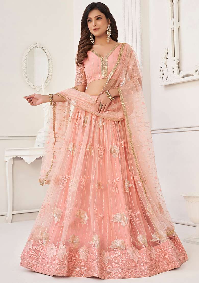 Peach Thread Net Lehenga Set with Embroidered & Sequin for Diwali | Wedding & Festive Wear - Indya