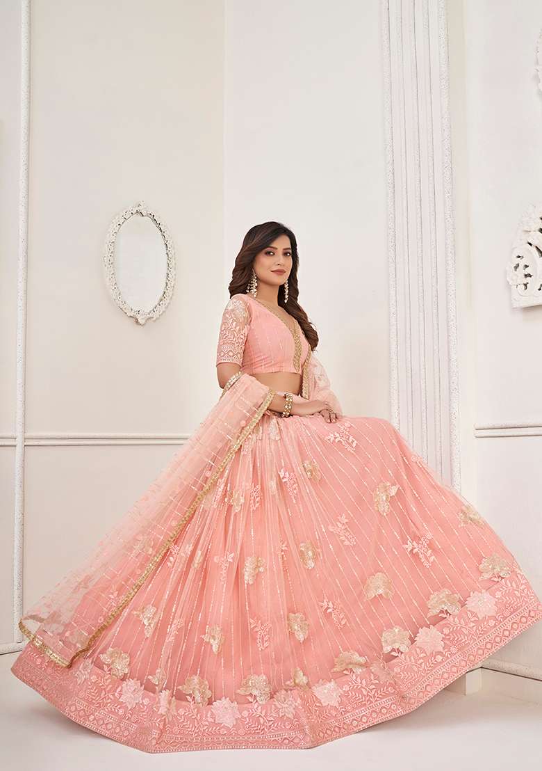 Peach Thread Net Lehenga Set with Embroidered & Sequin for Diwali | Wedding & Festive Wear - Indya