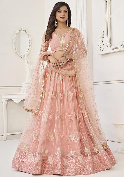 Peach Thread Sequin Embroidered Net Lehenga Set