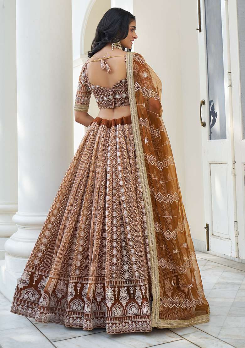 Brown Thread Net Lehenga Set with Embroidered & Sequin for Diwali | Wedding & Festive Wear - Indya