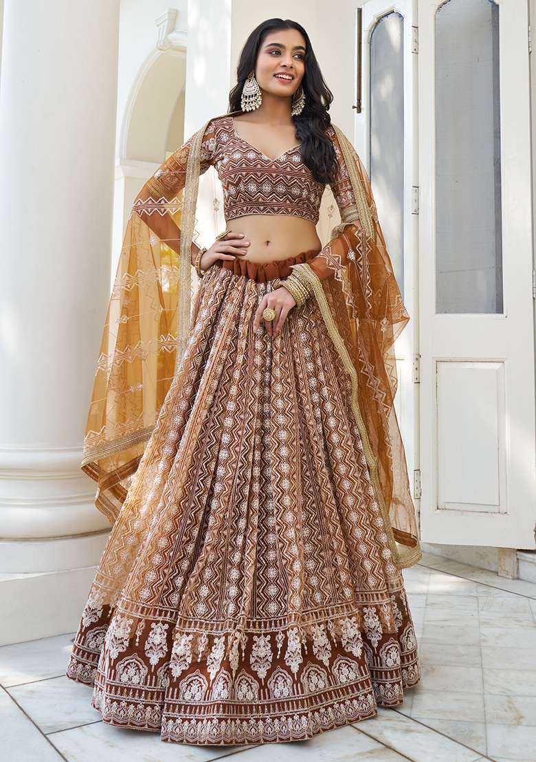Brown Thread Net Lehenga Set with Embroidered & Sequin for Diwali | Wedding & Festive Wear - Indya