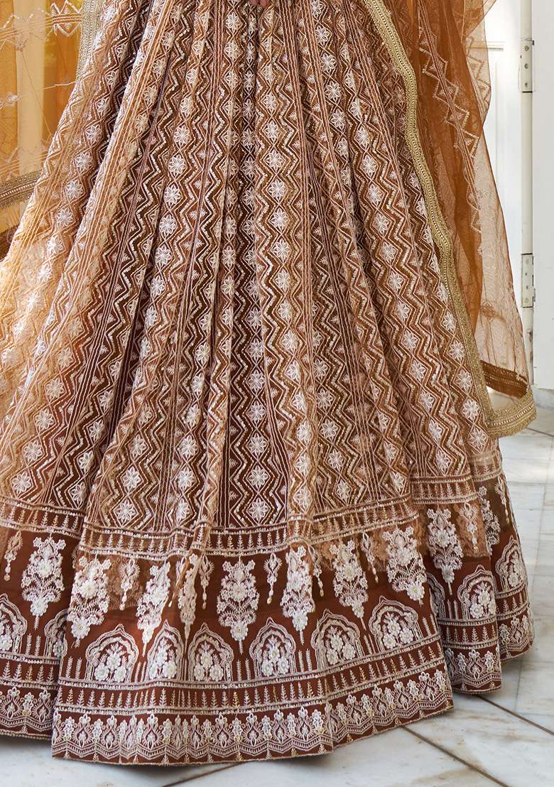Brown Thread Net Lehenga Set with Embroidered & Sequin for Diwali | Wedding & Festive Wear - Indya