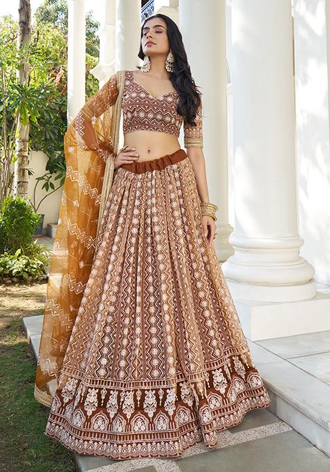 Brown Thread Sequin Embroidered Net Lehenga Set