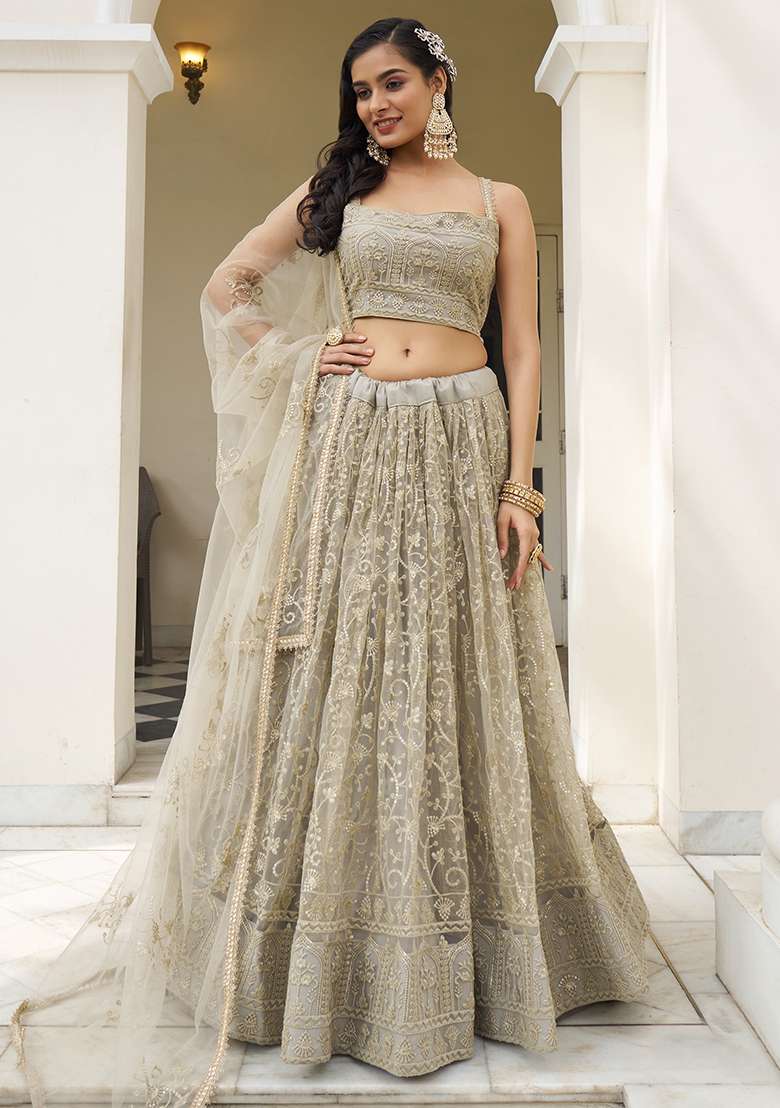 Ivory Thread Net Lehenga Set with Embroidered & Sequin for Diwali | Wedding & Festive Wear - Indya