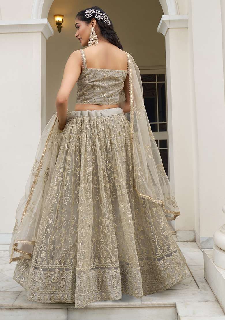 Ivory Thread Net Lehenga Set with Embroidered & Sequin for Diwali | Wedding & Festive Wear - Indya