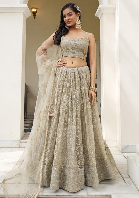 Ivory Thread Sequin Embroidered Net Lehenga Set