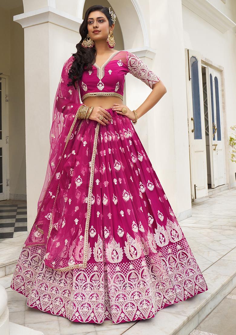 Dark Pink Thread Sequin Embroidered Net Lehenga Set - Indya