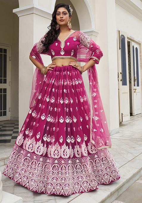 Dark Pink Thread Sequin Embroidered Net Lehenga Set