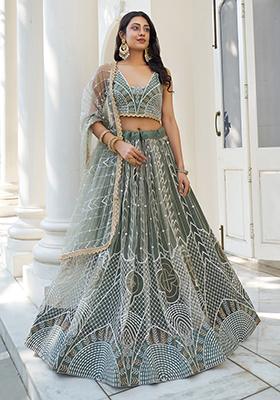 Green Thread Sequin Embroidered Net Lehenga Set