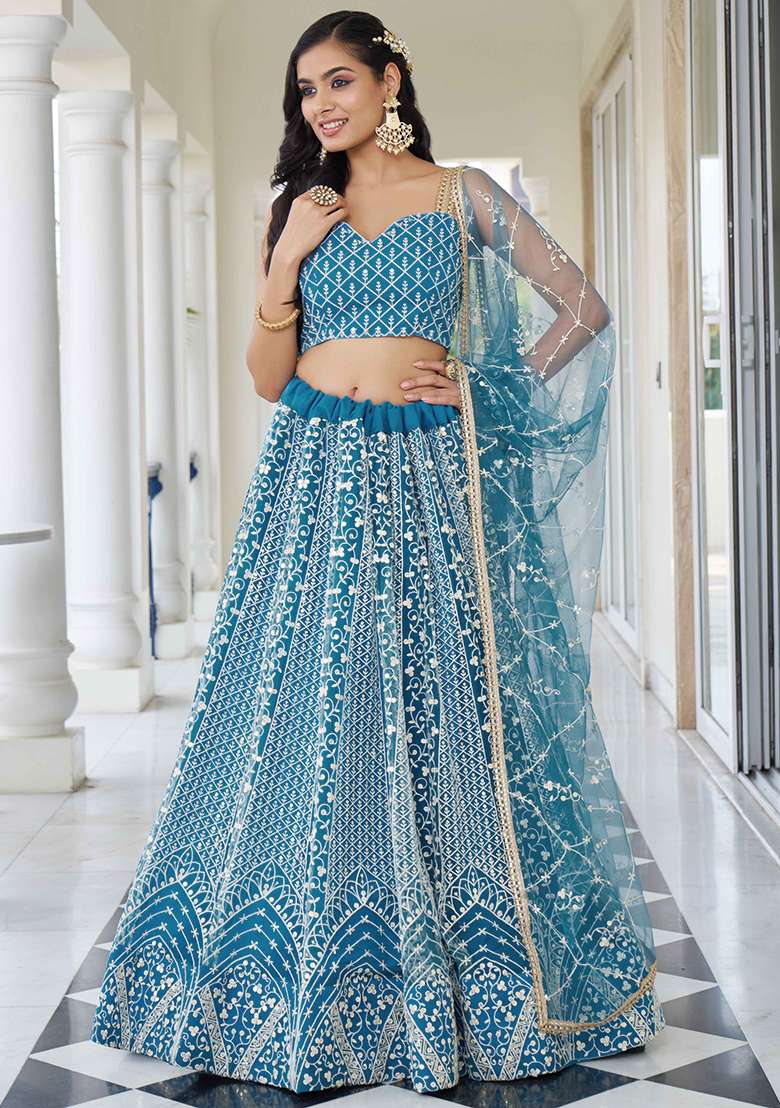 Sky Blue Thread Net Lehenga Set with Embroidered & Sequin for Diwali | Wedding & Festive Wear - Indya