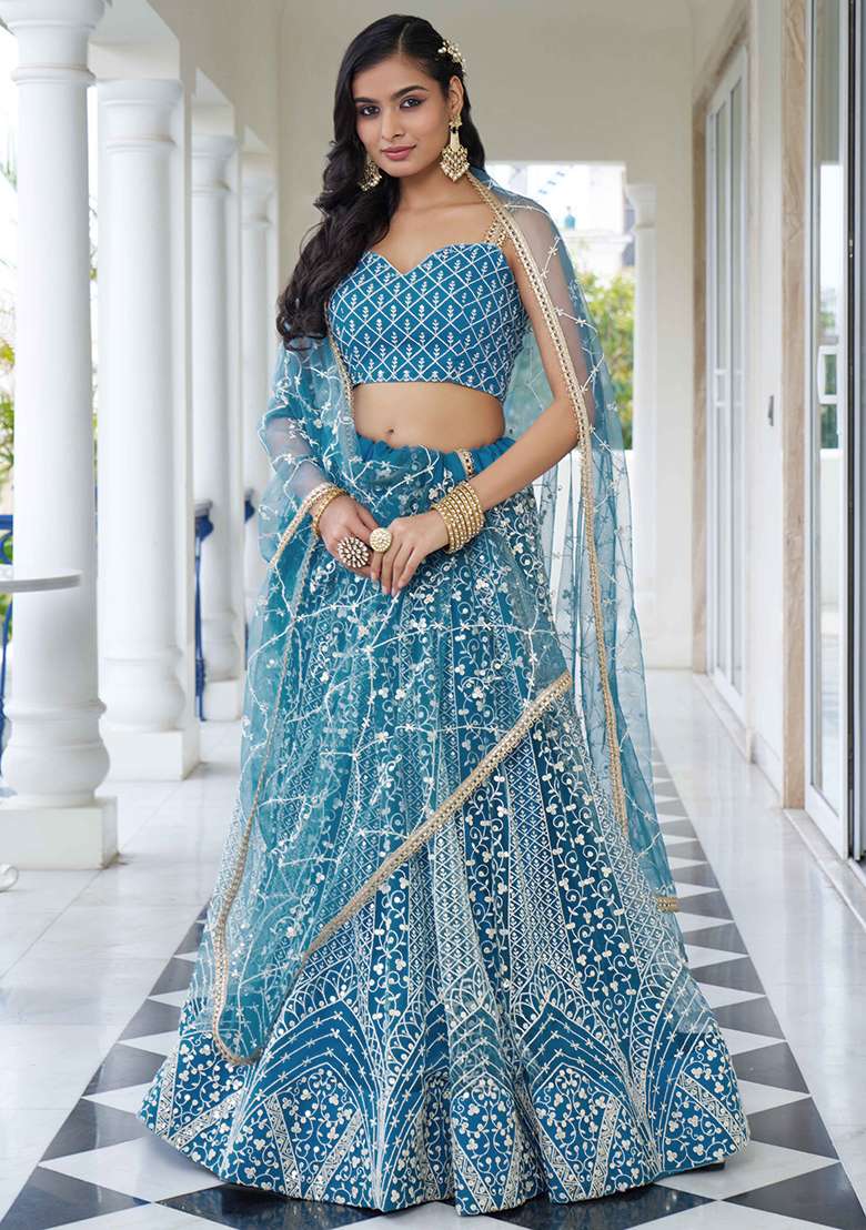Sky Blue Thread Net Lehenga Set with Embroidered & Sequin for Diwali | Wedding & Festive Wear - Indya