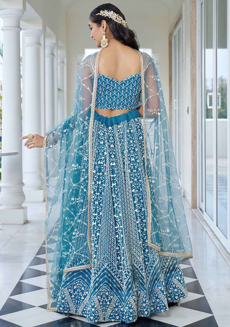 Sky Blue Thread Net Lehenga Set with Embroidered & Sequin for Diwali | Wedding & Festive Wear - Indya