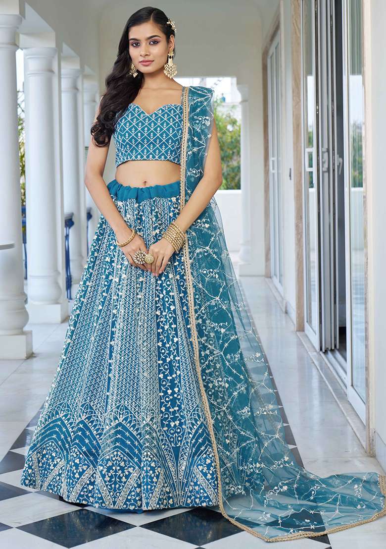 Sky Blue Thread Net Lehenga Set with Embroidered & Sequin for Diwali | Wedding & Festive Wear - Indya
