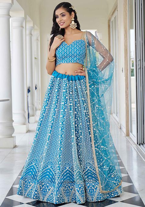 Sky Blue Thread Sequin Embroidered Net Lehenga Set