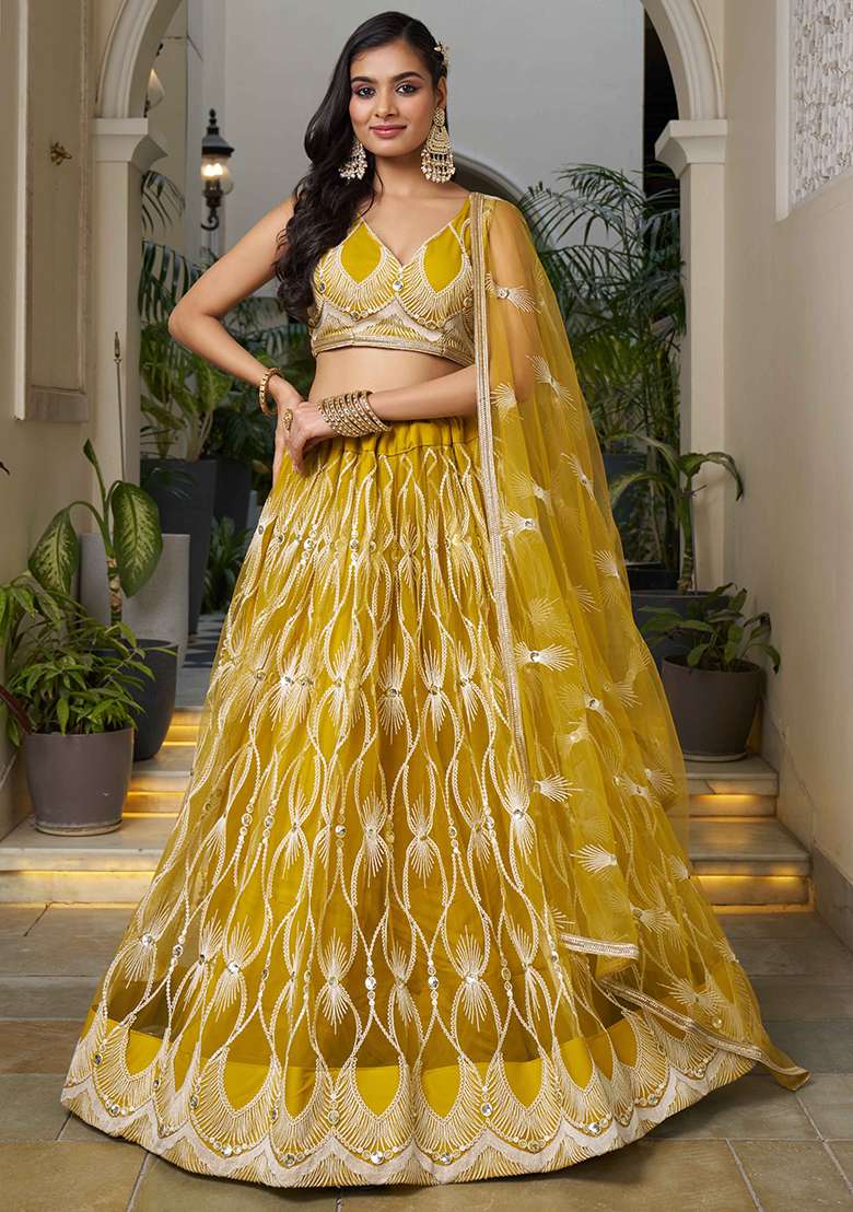Yellow Thread Net Lehenga Set with Embroidered & Sequin for Diwali | Wedding & Festive Wear - Indya