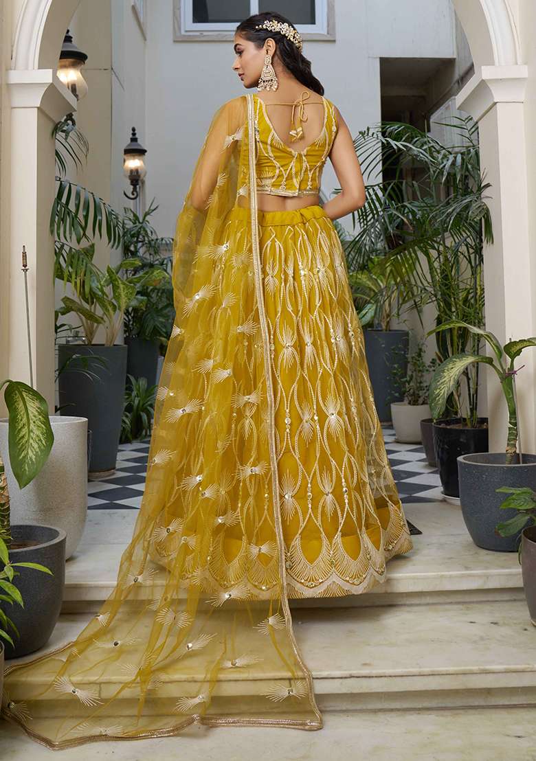 Yellow Thread Net Lehenga Set with Embroidered & Sequin for Diwali | Wedding & Festive Wear - Indya