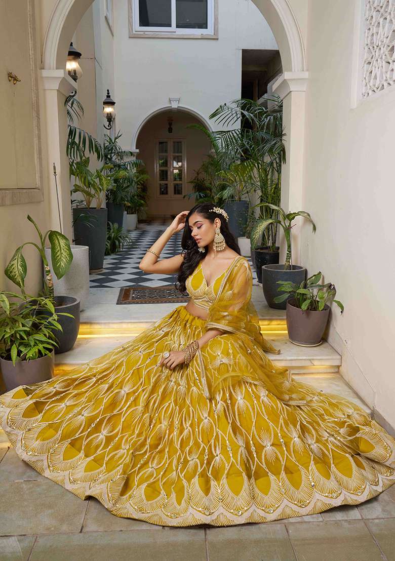 Yellow Thread Net Lehenga Set with Embroidered & Sequin for Diwali | Wedding & Festive Wear - Indya