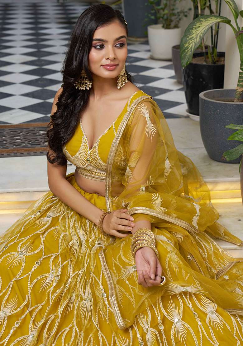 Yellow Thread Net Lehenga Set with Embroidered & Sequin for Diwali | Wedding & Festive Wear - Indya