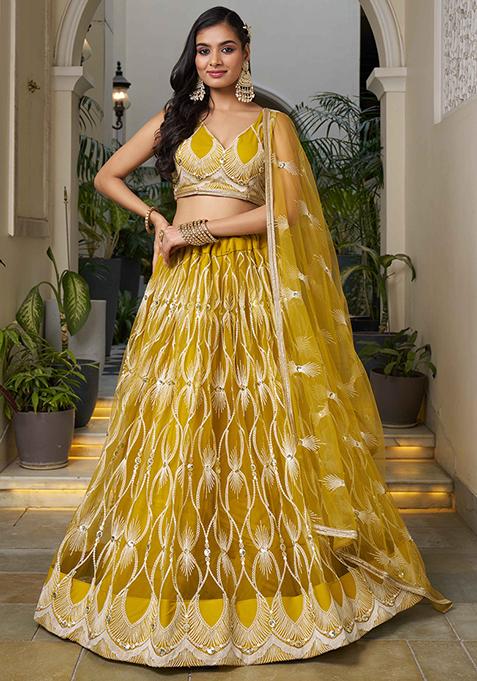 Yellow Thread Sequin Embroidered Net Lehenga Set