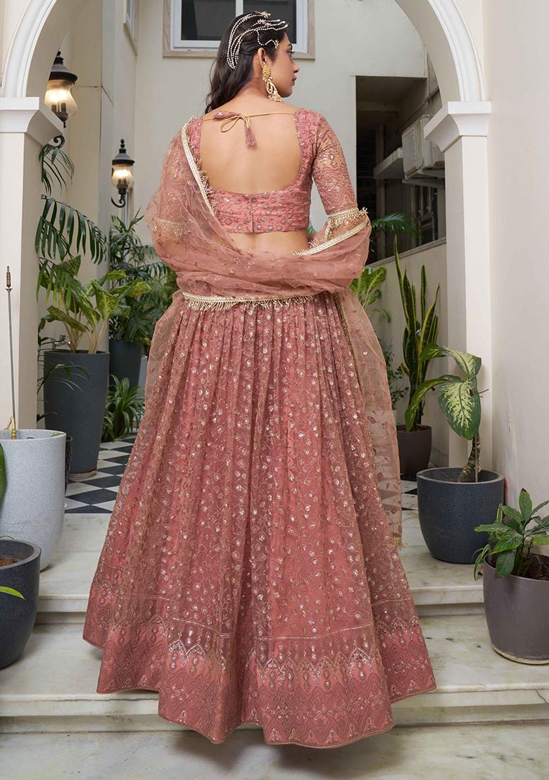 Dusty Pink Thread Sequin Embroidered Net Lehenga Set - Indya